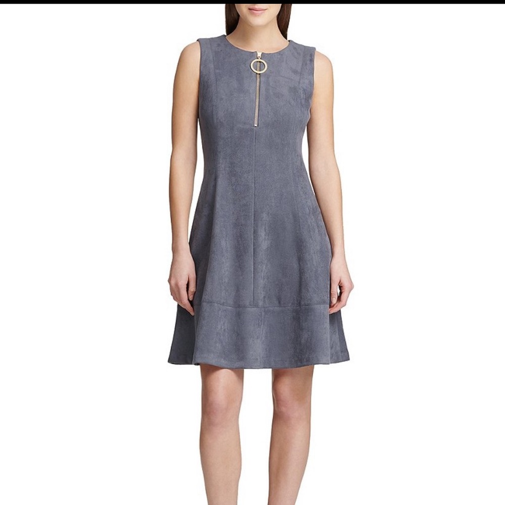 DKNY Zip Front Faux Suede Fit & Flare Dress